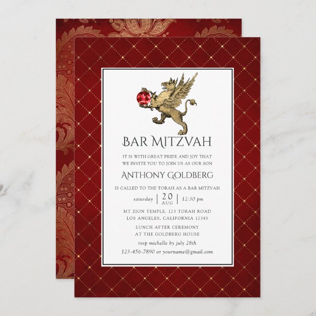 Plush Red and Guld Damask and Lattice Pub Mitzvah Inbjudningar (Fram/baksida)