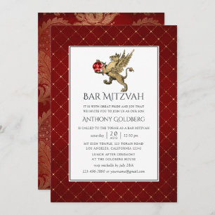 Plush Red and Guld Damask and Lattice Pub Mitzvah Inbjudningar