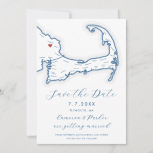 Plymouth MORSA Cape Cod Karta flottan Blue Bröllop Spara Datumet
