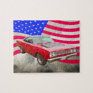 Plymouth Roadrunner 1968 och amerikanska flaggan Pussel