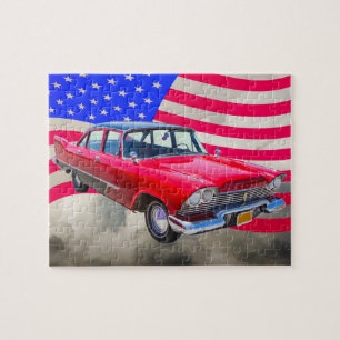 Plymouth Savoybil 1958 med amerikanska flaggan Pussel