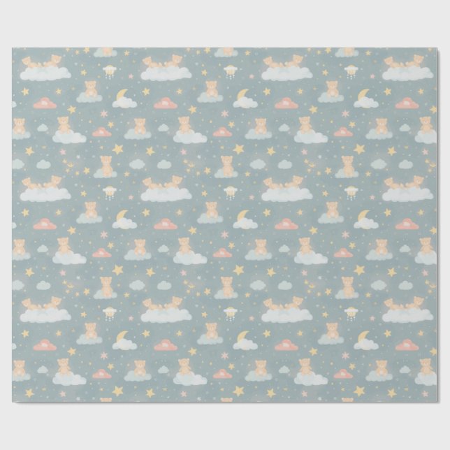 Plyschig teddybjörn på moln natt presentpapper (Platt)
