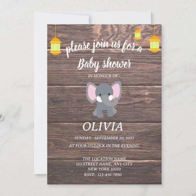 Plywood-bakgrundsduschen baby elefant babybabydusc inbjudningar (Framsida)