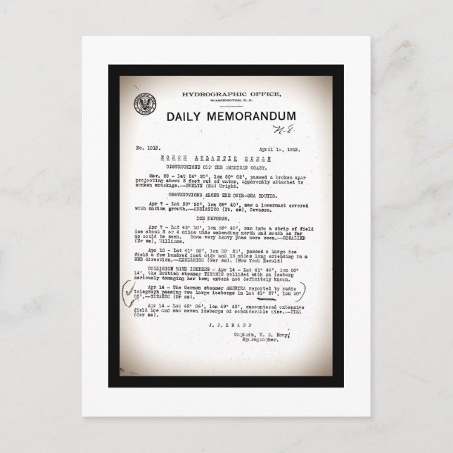 PM från hydrografi Office Titanic Disaster Vykort (Framsida)