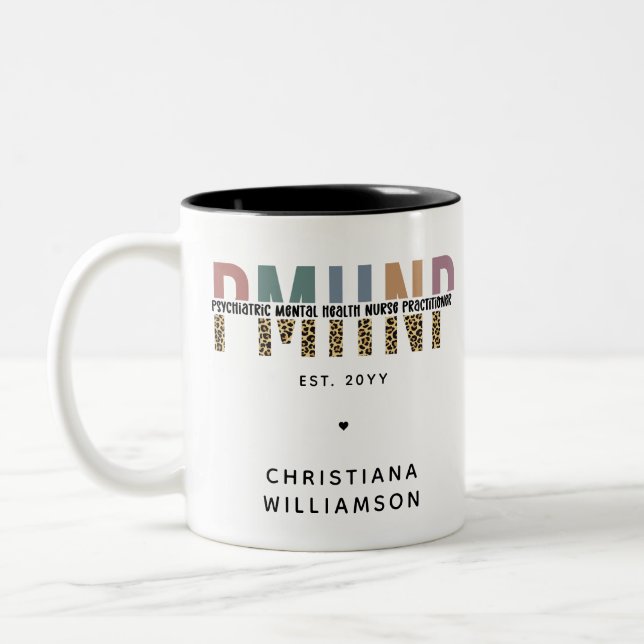 PMHNP Leopard Skriv ut Psychionic Mental Health NP Två-Tonad Mugg (Vänster)