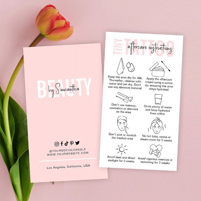 PMU Artist Tattoo After Care Instructions Rosa Visitkort (Elegant tiny tattoo after care instructions business cards in pink and white or edit to any color)