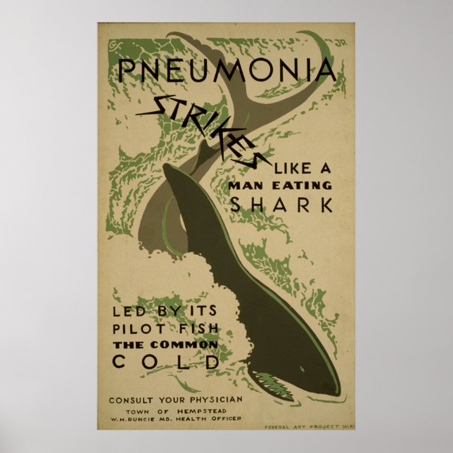Pneumoniska Strejkor som en man som äter haj Vinta Poster (Framsidan)