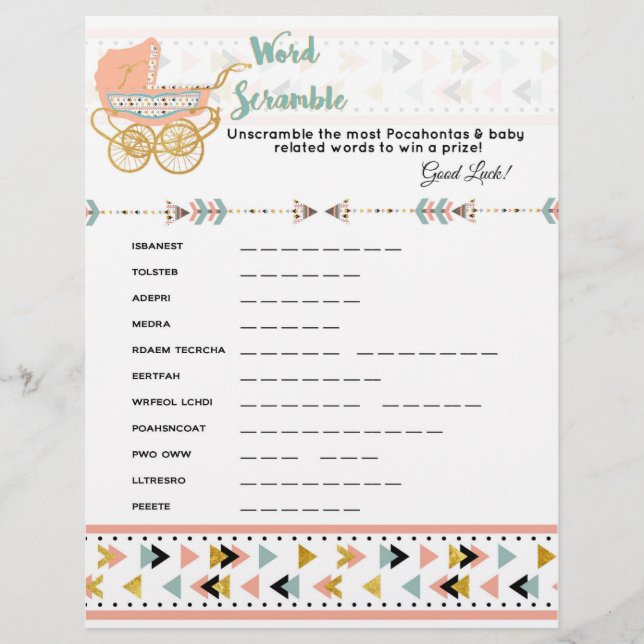 Pocahontas/Boho Baby Shower Ord Scramble Game Reklamblad (Framsidan)