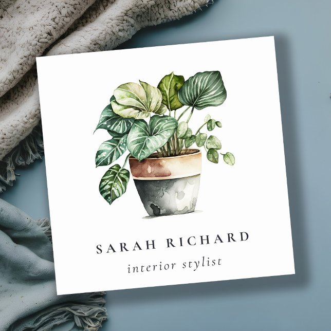 Pockad Grönt House Plants Watercolor Botanical Fyrkantigt Visitkort (Skapare uppladdad)