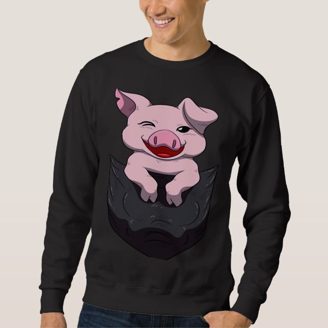 Pocket Cute Swine Piglets Pockets gris Lång Ärmad Tröja (Framsida)