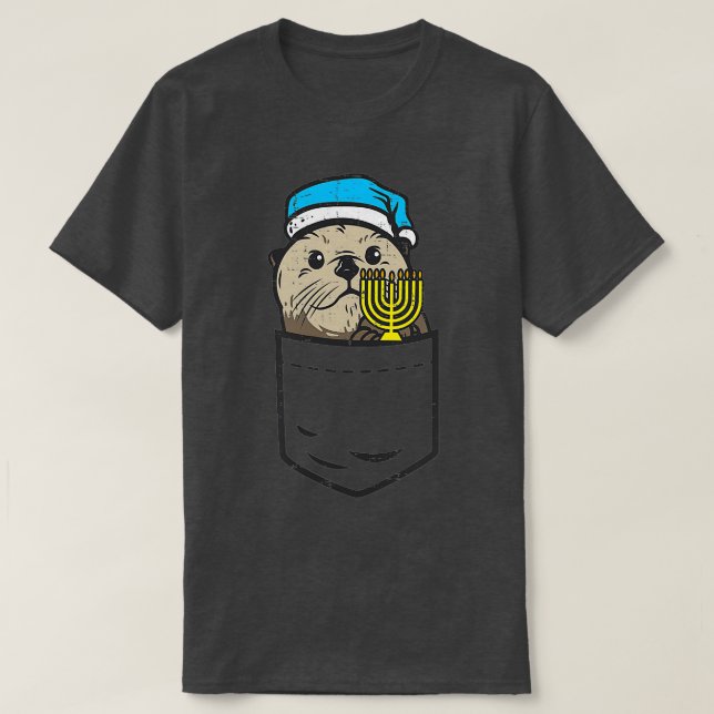 Pocket Jewish Otter Menorah Hanukkah Chanukah Anim T Shirt (Design framsida)