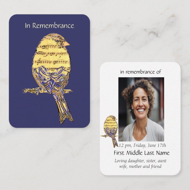 Pocket Keepsak Memorial Kom ihåg Music Sång Bird Visitkort (Fram/baksida)