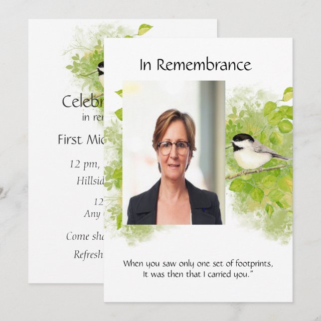 Pocket Keepsaké Memorial Chickadee Nature Bird Art Inbjudningar (Fram/baksida)