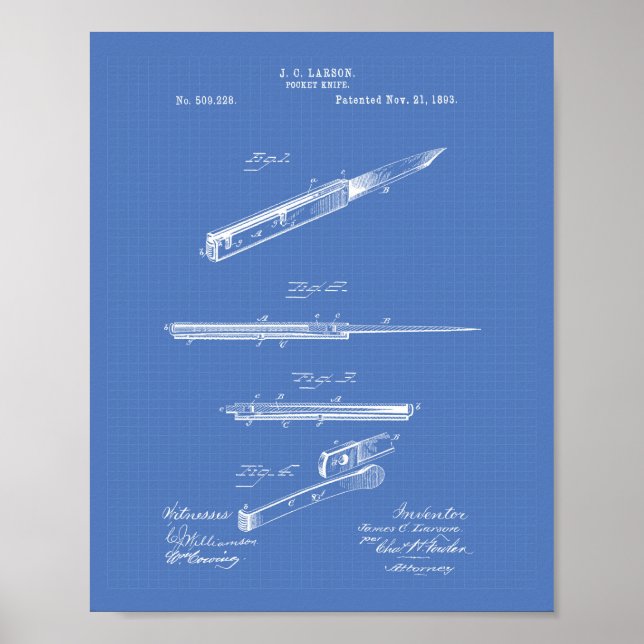 Pocket Knivar 1893 Patent Art Blueprint Poster (Framsidan)