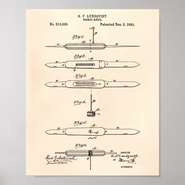 Pocket Knivar 1893 Patent Art Old Peper Poster (Framsidan)