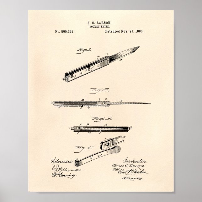 Pocket Knivar 1893 Patent Art Old Peper Poster (Framsidan)