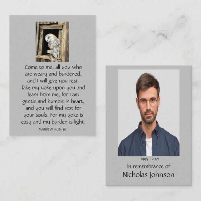 Pocket Memorial Photo Prayer Barn Uggla Visitkort (Fram/baksida)