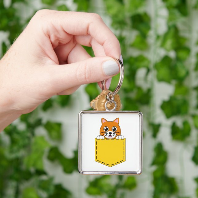 Pocket Pet Cat Fyrkantig Silverfärgad Nyckelring (Hand)