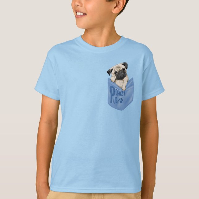 Pocket Pug Blue Kids T Shirt (Framsida)