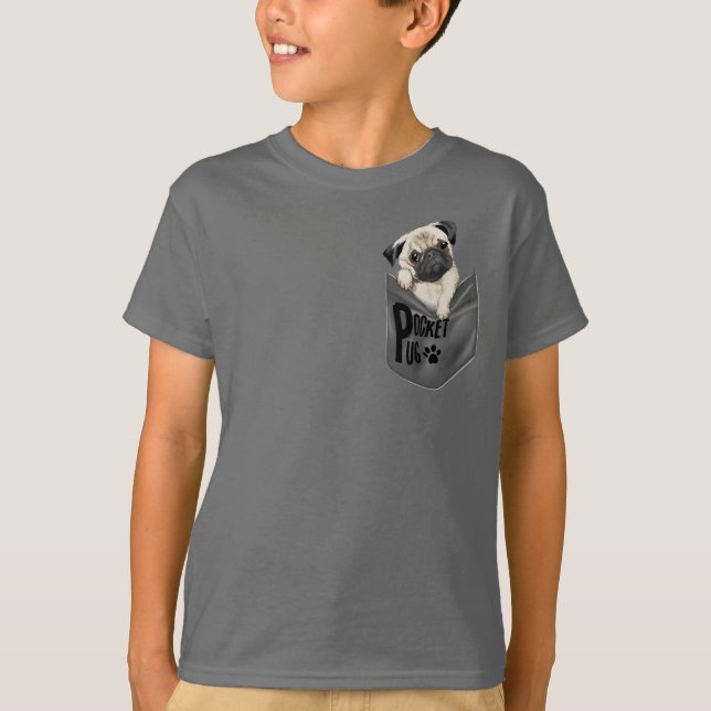 Pocket Pug Kids Grått T Shirt (Framsida)