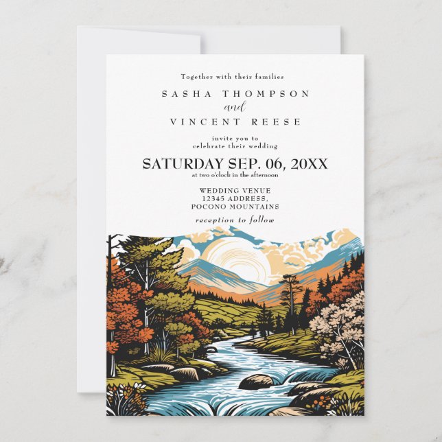 Pocono Mountains Wedding Invitation Retro Inbjudningar (Framsida)