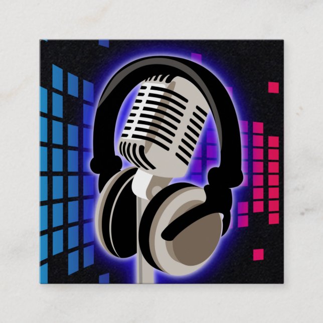 Podcast Glowing Microphone-hörlurar Blue Black S Fyrkantigt Visitkort (Framsida)
