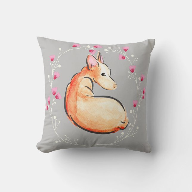 Podenco Hund Watercolor Soft Grått Blommigt Kudde (Framsida)