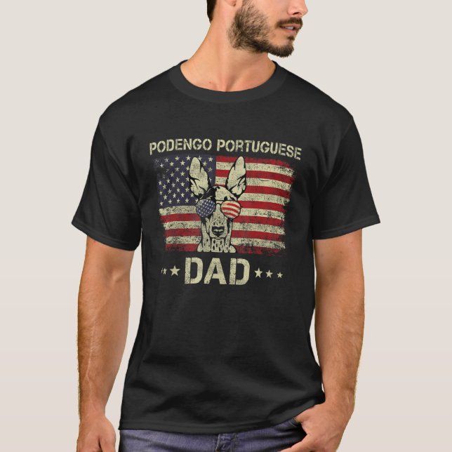 Podengo Portuguese Dad Dog  American Flag 4th Of J T Shirt (Framsida)