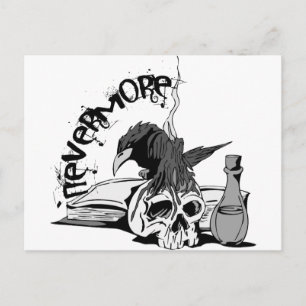 Poe Nevermore Raven Skalle & Bok Vykort