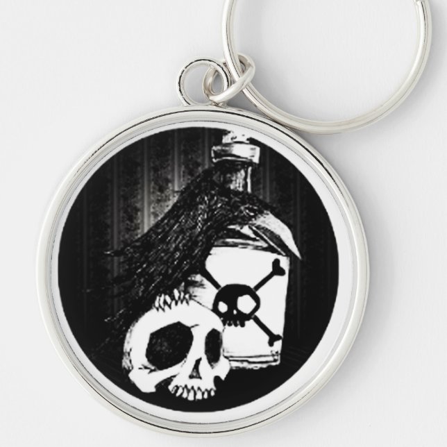 Poes skrivbord rund silverfärgad nyckelring (Framsidan)