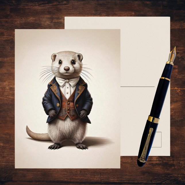 Poetcore Litterär Vessla | Mörk Akademia Vykort (A poetcore dark academia postcard on a dark wooden desk with a fountain pen. Gentleman Weasel)