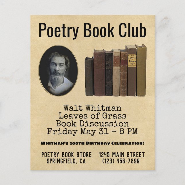 Poetry Bok Klubb Flyer Walt Whitman Birthday (Framsidan)