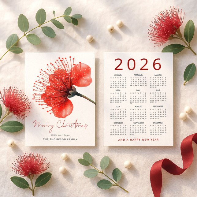 Pōhutuka Flower 2026 Calendar God jul Julkort (Front and back view)