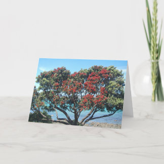 Pohutukawa träd på stranden (NZ-julgranen) Helgkort