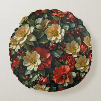 Poinsetia, fleurs rétro en rouge et vert rund kudde