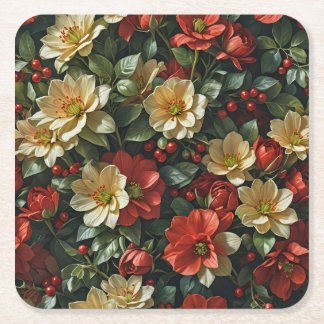 Poinsetia, fleurs rétro en rouge et vert underlägg papper kvadrat