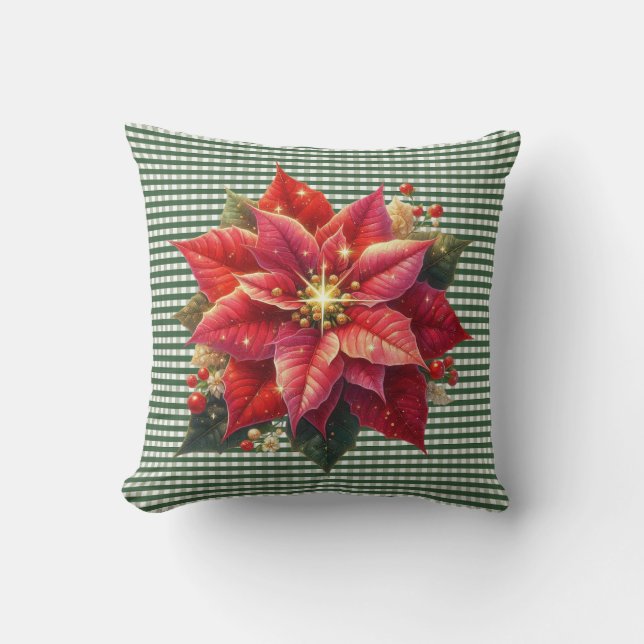 Poinsettia and Green Stripe Christmas Holiday Kudde (Framsida)