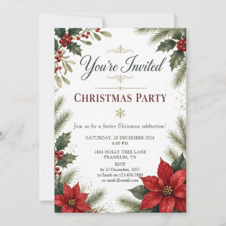 Poinsettia and Holly Christmas Party Invitation