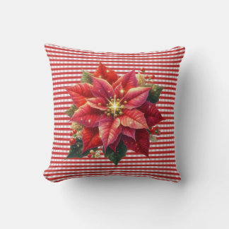 Poinsettia and Red Stripe Christmas Holiday Kudde