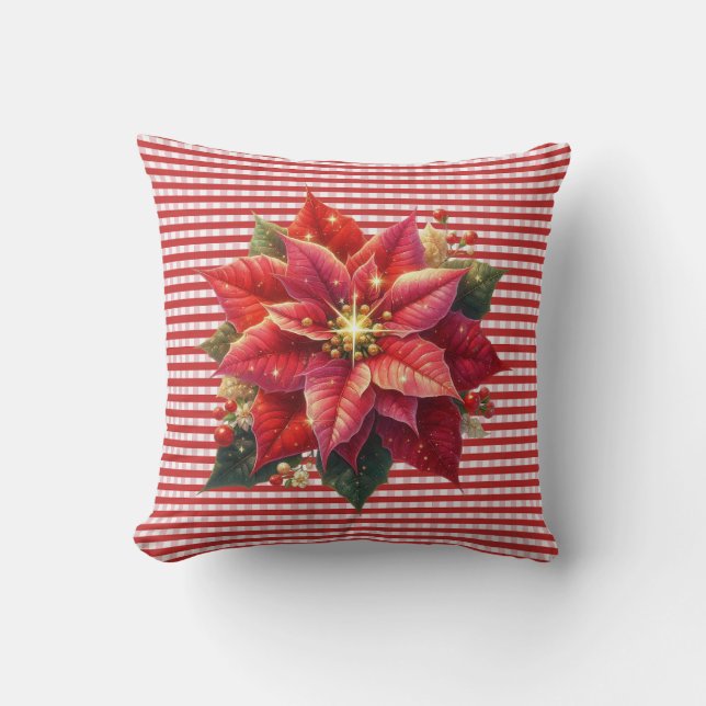 Poinsettia and Red Stripe Christmas Holiday Kudde (Framsida)
