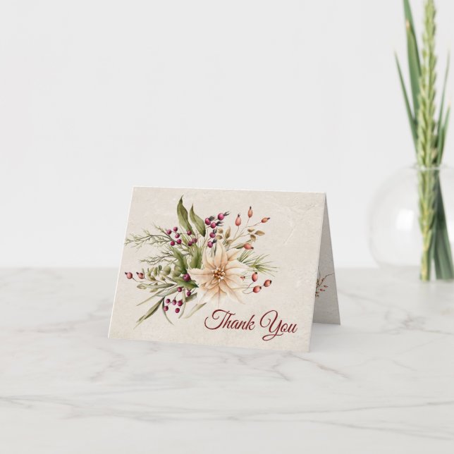 Poinsettia & Berries Elegant bröllop Tack Kort (Framsida)