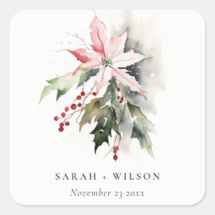 Poinsettia Berries Foliage Watercolor Bröllop Fyrkantigt Klistermärke