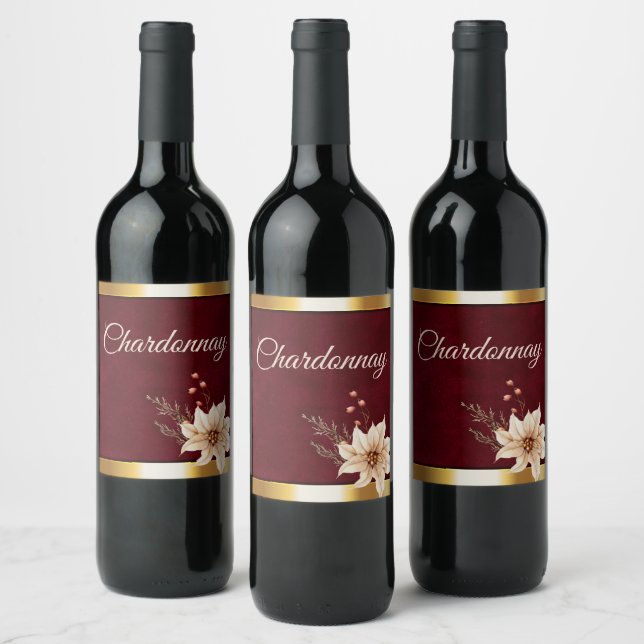 Poinsettia & Berries Winter Wedding Vinflaska Etikett (Flaskor)