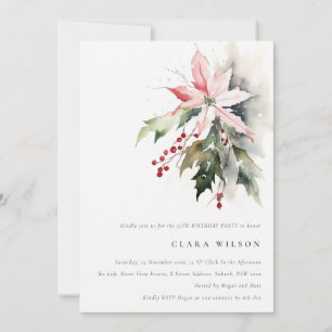 Poinsettia Berry Foliage Watercolor Birthday Inbjudningar