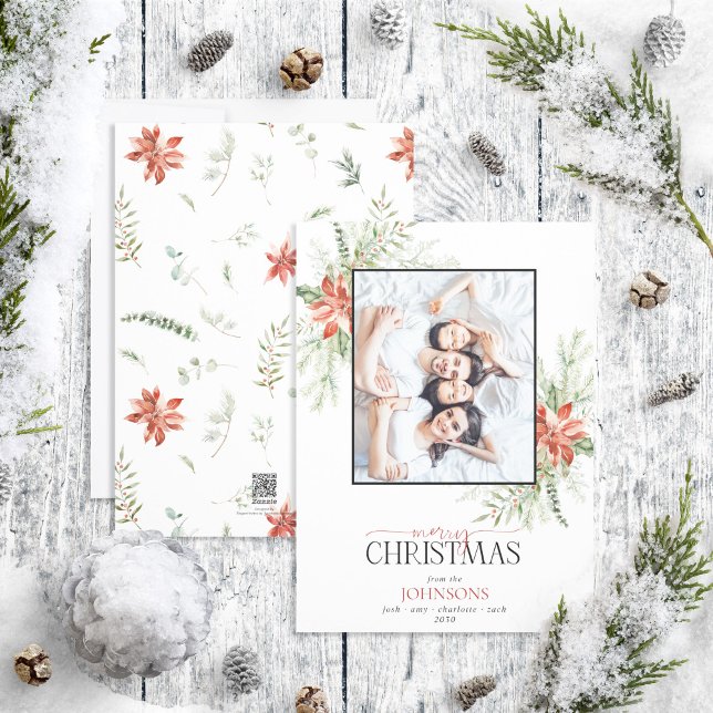 Poinsettia Berry Greenery God jul Photo Ho Julkort (Skapare uppladdad)