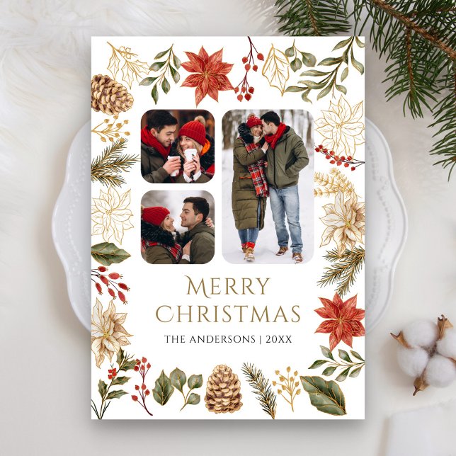 Poinsettia Blommig 3 Foto Collage Jul Julkort (Skapare uppladdad)