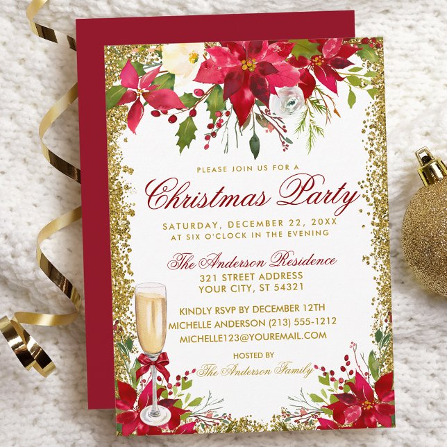 Poinsettia Blommigt Champagne Glass Party Inbjudningar (Customize to change text color, size, style or to change color of back of card.)