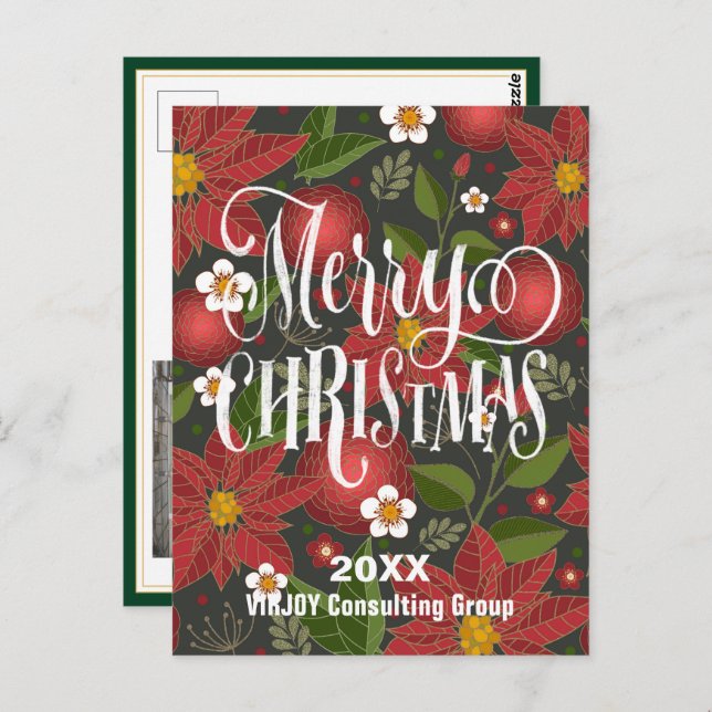 Poinsettia Blommigt Elegant Script Photo Business Vykort (Fram/baksida)