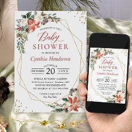 Poinsettia Blommigt Guld Ram Winter Baby Shower Inbjudningar