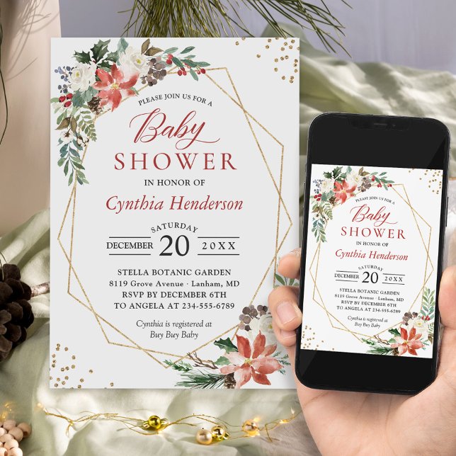Poinsettia Blommigt Guld Ram Winter Baby Shower Inbjudningar (Perfect choice for a winter-themed baby shower, allowing you to set the stage for a joyful time.)